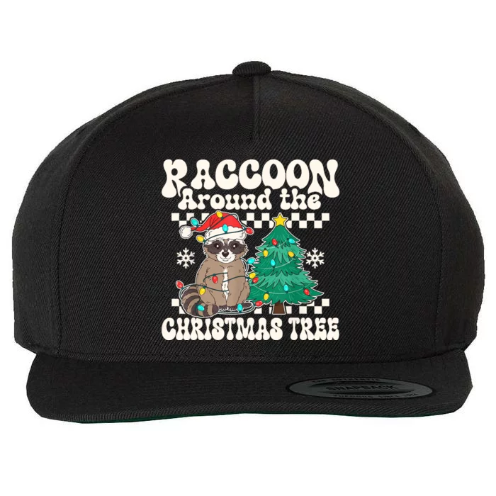 Raccoon Around The Christmas Tree Raccoon Lover Funny Wool Snapback Cap