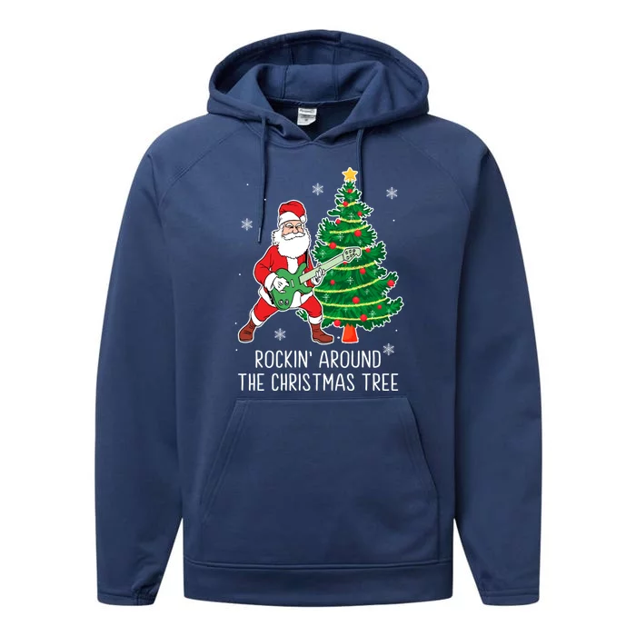 Rockin Around The Christmas Tree Santa Claus Guitar Player Gift Performance Fleece Hoodie