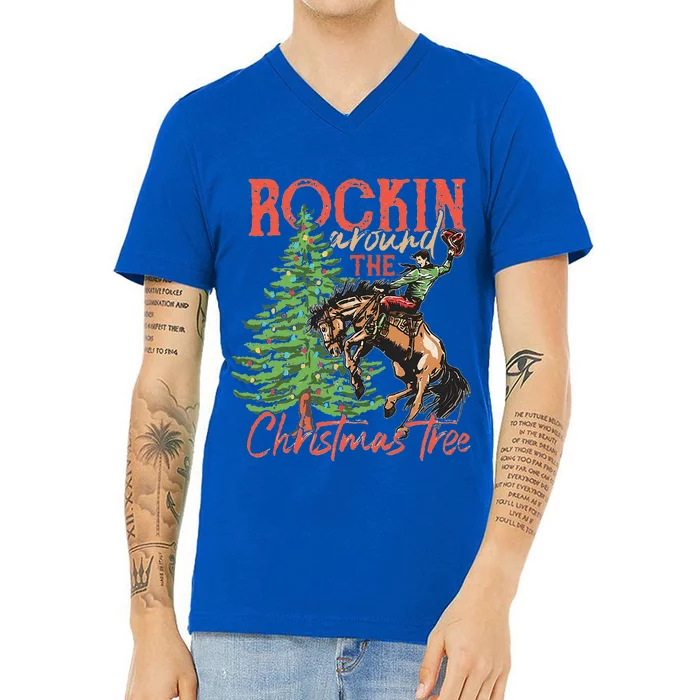 Rocking Around The Christmas Tree Christmas Cowboy Horse V-Neck T-Shirt