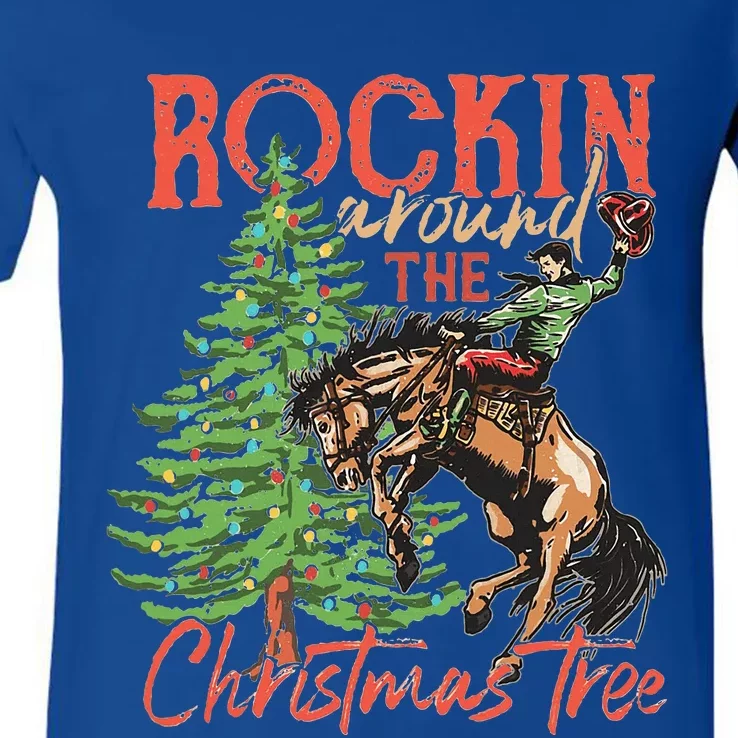 Rocking Around The Christmas Tree Christmas Cowboy Horse V-Neck T-Shirt