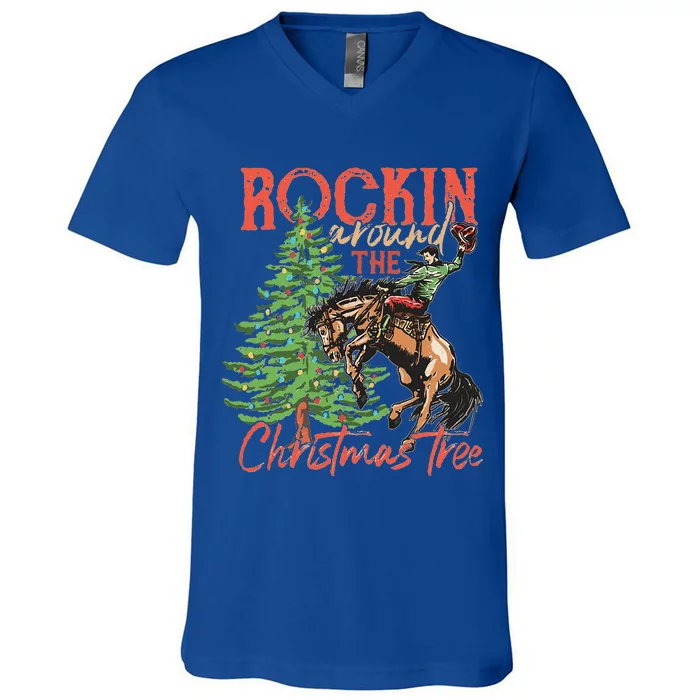 Rocking Around The Christmas Tree Christmas Cowboy Horse V-Neck T-Shirt