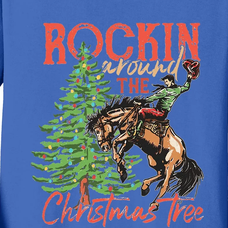 Rocking Around The Christmas Tree Christmas Cowboy Horse Kids Long Sleeve Shirt