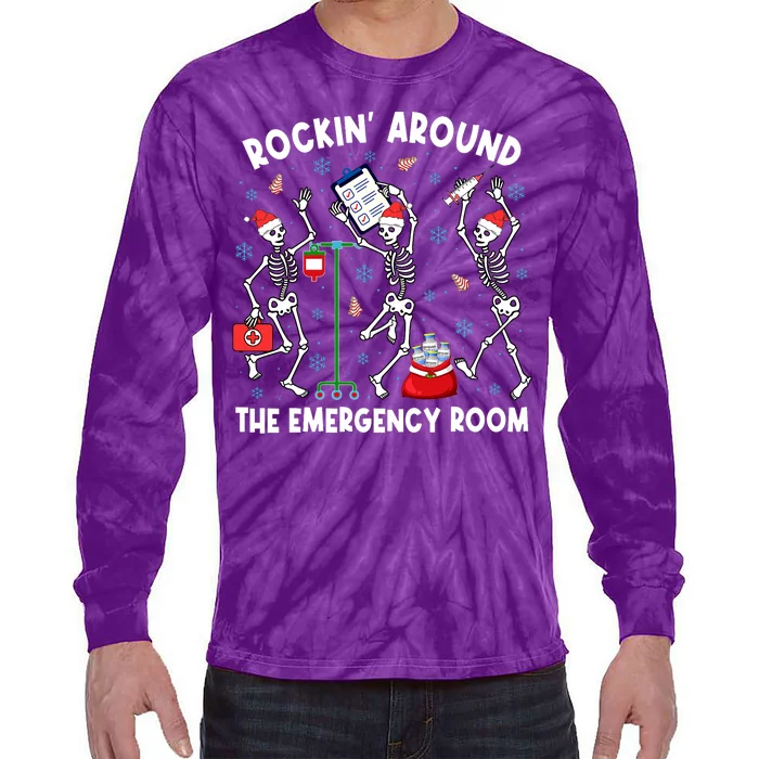 Rockin Around The Emergency Room Skeleton Er Nurse Xmas Tie-Dye Long Sleeve Shirt