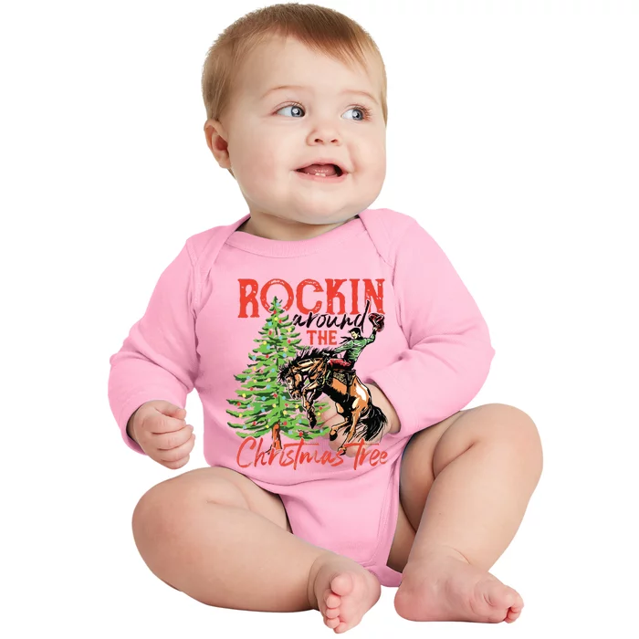 Rocking Around The Christmas Tree Christmas Cowboy Horse Baby Long Sleeve Bodysuit