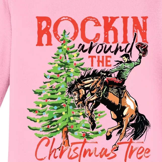 Rocking Around The Christmas Tree Christmas Cowboy Horse Baby Long Sleeve Bodysuit