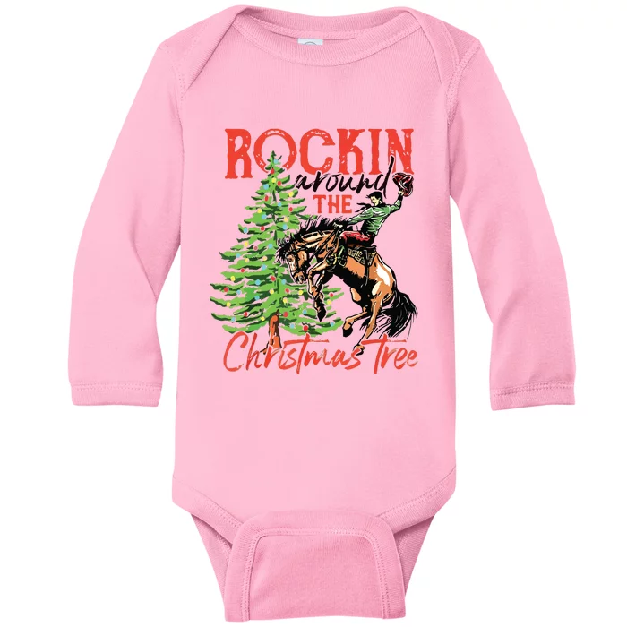 Rocking Around The Christmas Tree Christmas Cowboy Horse Baby Long Sleeve Bodysuit