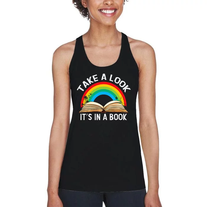 Reading Art Vintage Retro Rainbow Take A Look ItS In A Book Women's Racerback Tank