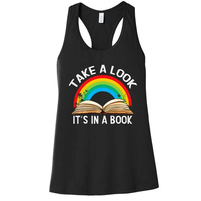 Reading Art Vintage Retro Rainbow Take A Look ItS In A Book Women's Racerback Tank