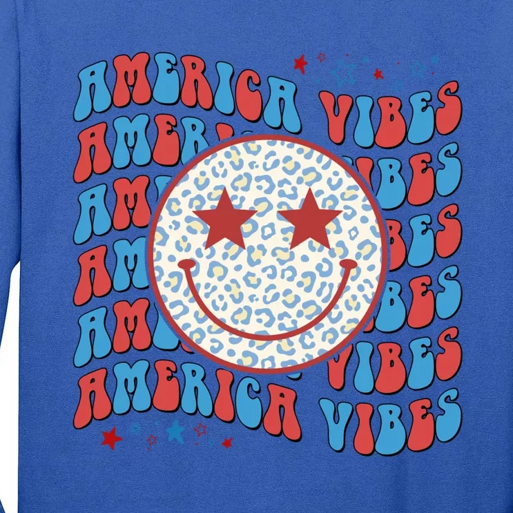 Retro America Vibes Smile Face Patriotic Groovy 4th Of July Gift Tall Long Sleeve T-Shirt