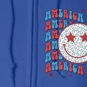 Retro America Vibes Smile Face Patriotic Groovy 4th Of July Gift Full Zip Hoodie