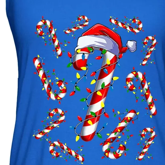 Red and White Candy Cane Santa Christmas Funny Xmas Lights Ladies Essential Flowy Tank