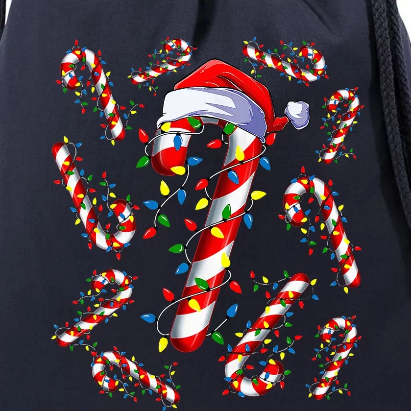 Red and White Candy Cane Santa Christmas Funny Xmas Lights Drawstring Bag