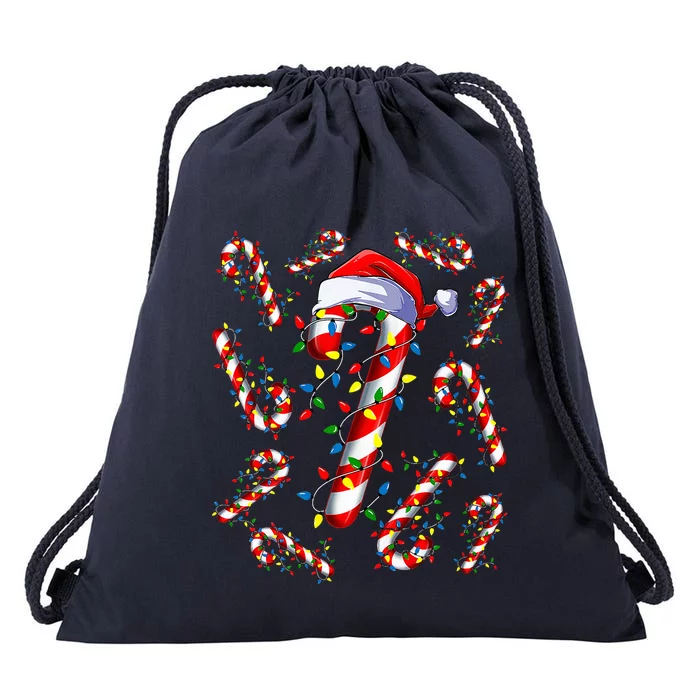 Red and White Candy Cane Santa Christmas Funny Xmas Lights Drawstring Bag