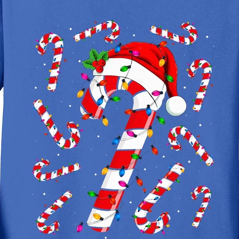 Red and White Candy Cane Santa Christmas Funny Xmas Lights Kids Long Sleeve Shirt