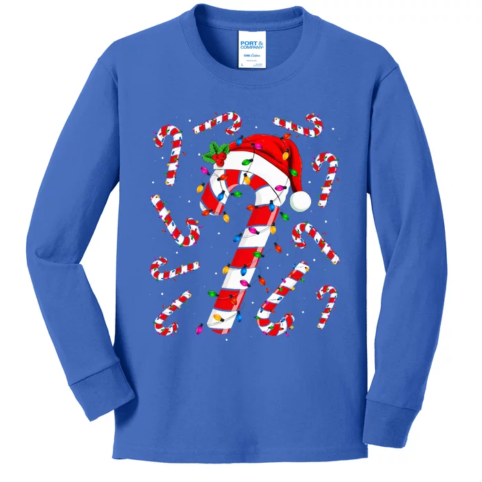 Red and White Candy Cane Santa Christmas Funny Xmas Lights Kids Long Sleeve Shirt