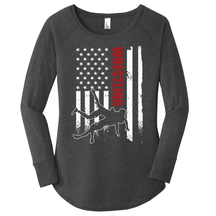 Retro American Wrestling Apparel US Flag Wrestling Women's Perfect Tri Tunic Long Sleeve Shirt