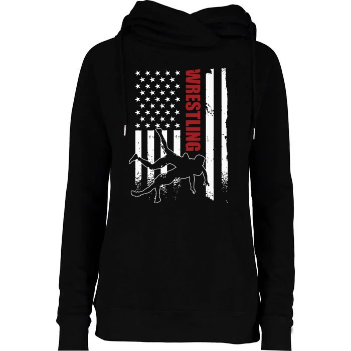 Retro American Wrestling Apparel US Flag Wrestling Womens Funnel Neck Pullover Hood