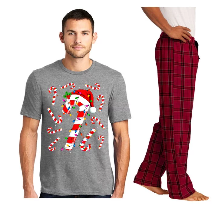 Red And White Candy Cane Santa Christmas Funny Xmas Lights Pajama Set