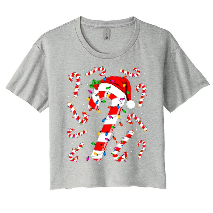 Red And White Candy Cane Santa Christmas Funny Xmas Lights Women's Crop Top Tee