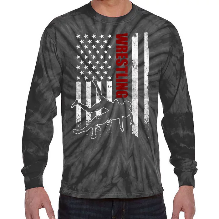 Retro American Wrestling Apparel US Flag Wrestling Tie-Dye Long Sleeve Shirt