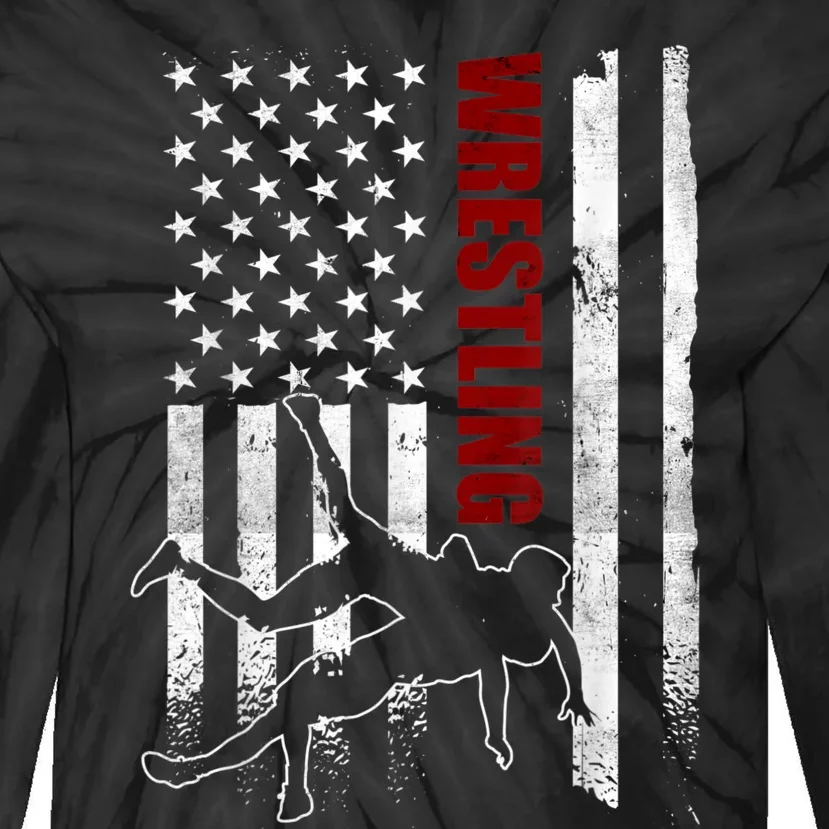 Retro American Wrestling Apparel US Flag Wrestling Tie-Dye Long Sleeve Shirt