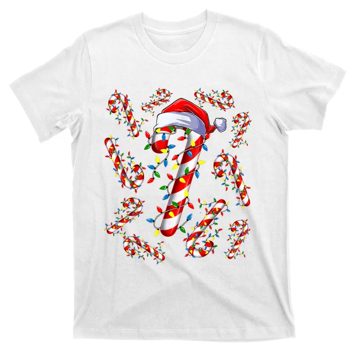 Red And White Candy Cane Santa Christmas Funny Xmas Lights T-Shirt