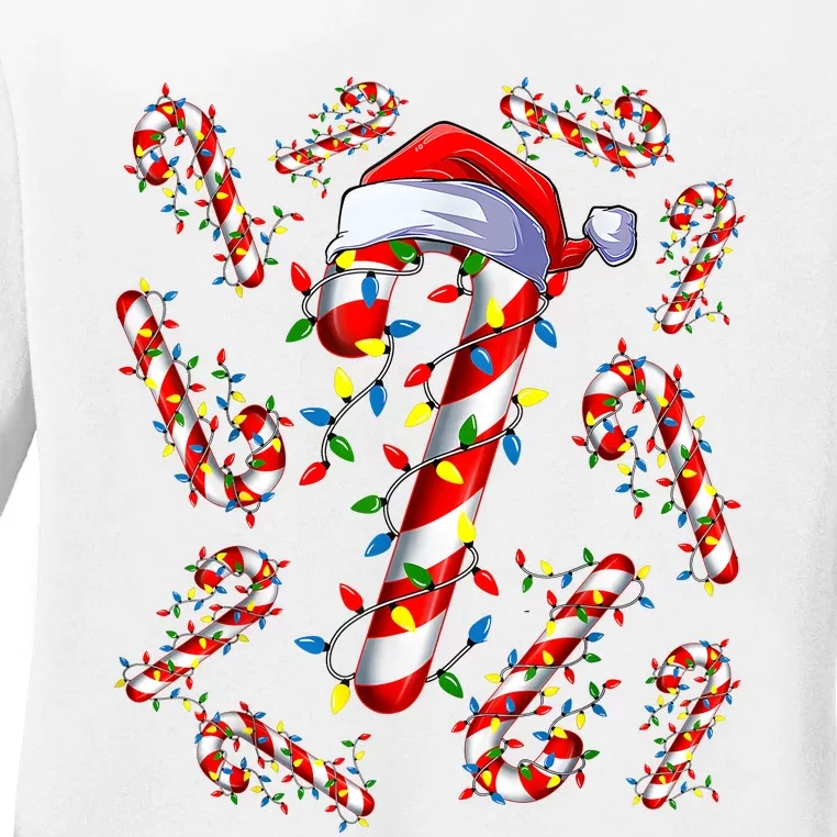 Red And White Candy Cane Santa Christmas Funny Xmas Lights Ladies Long Sleeve Shirt