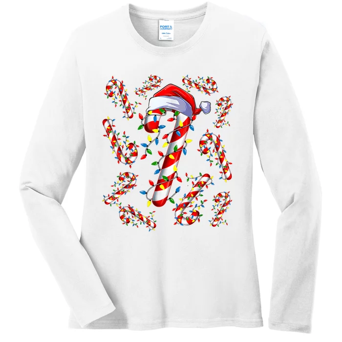 Red And White Candy Cane Santa Christmas Funny Xmas Lights Ladies Long Sleeve Shirt