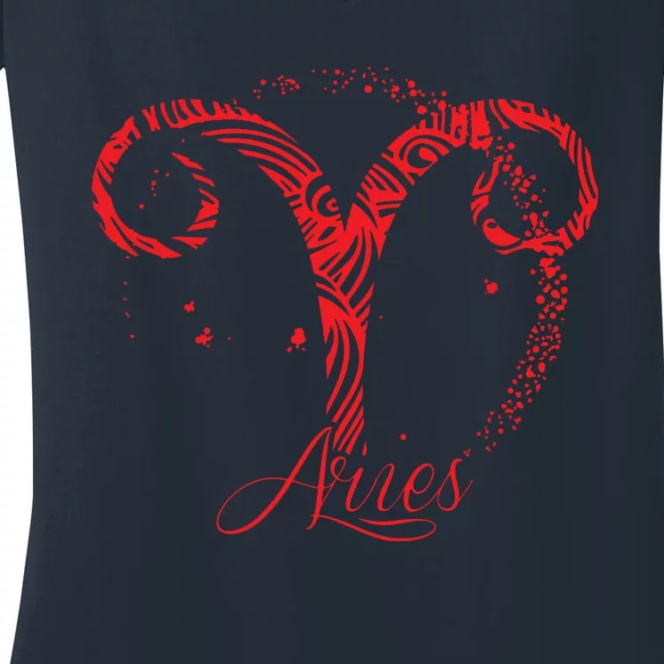 Red Aries Zodiac Sign Birthday Stars March April Horoscope Women's V-Neck T-Shirt