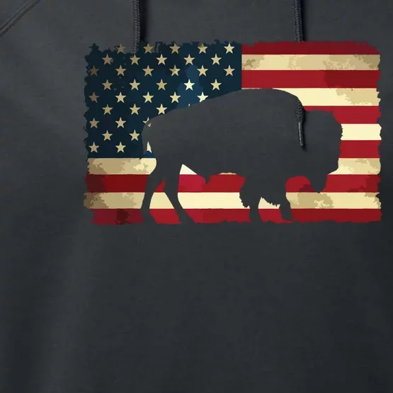 Retro Buffalo American Flag USA Bison Performance Fleece Hoodie