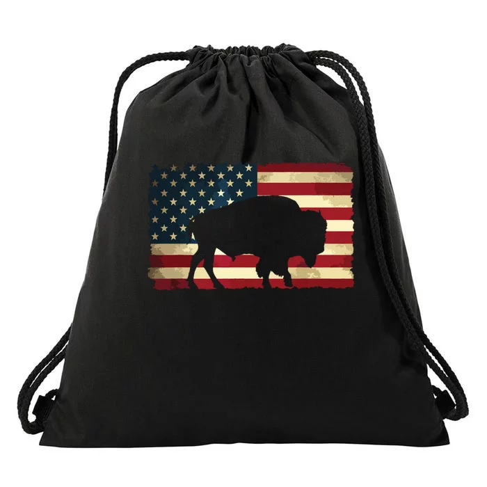 Retro Buffalo American Flag USA Bison Drawstring Bag