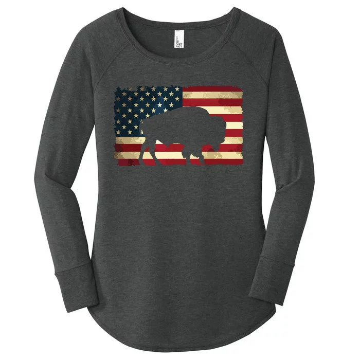 Retro Buffalo American Flag USA Bison Women's Perfect Tri Tunic Long Sleeve Shirt