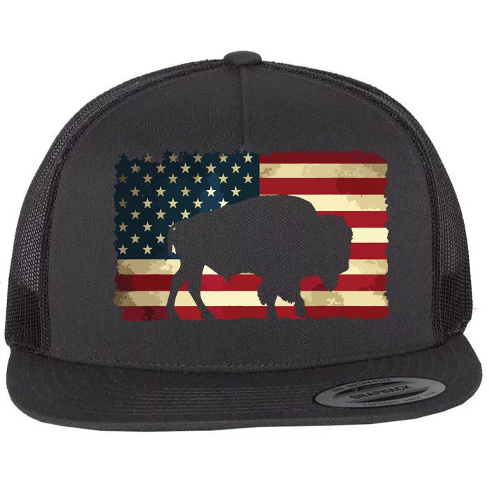 Retro Buffalo American Flag USA Bison Flat Bill Trucker Hat