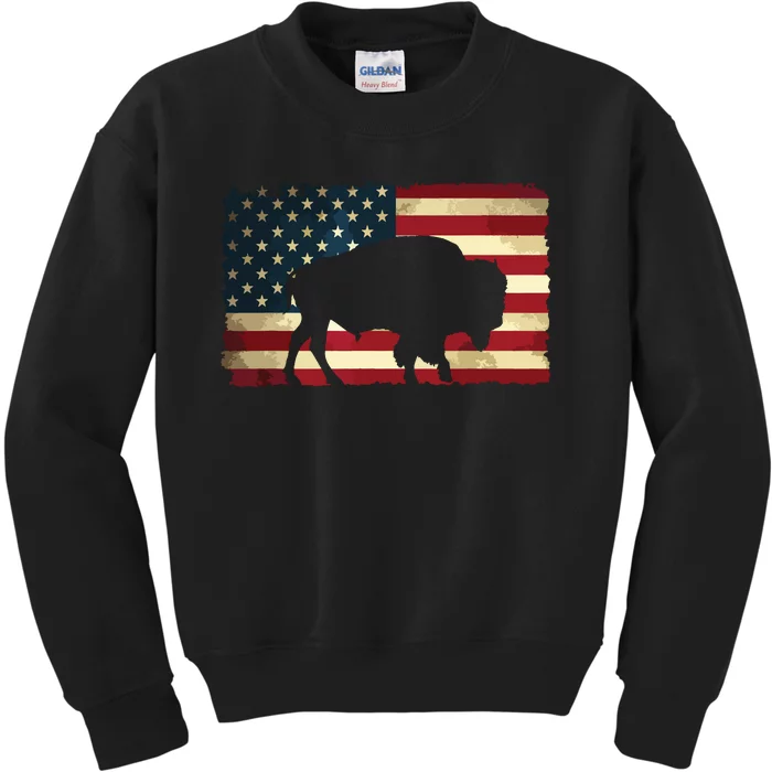 Retro Buffalo American Flag USA Bison Kids Sweatshirt