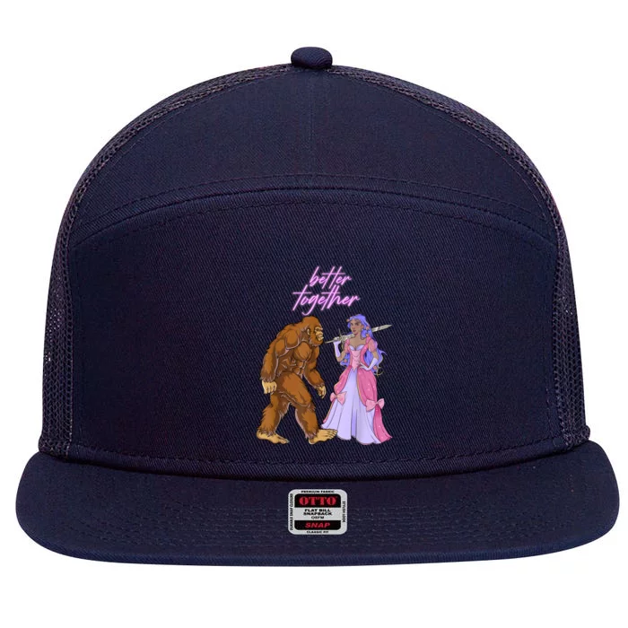 Romantic BigFoot And Princess Cool Better Together Sasquatch 7 Panel Mesh Trucker Snapback Hat