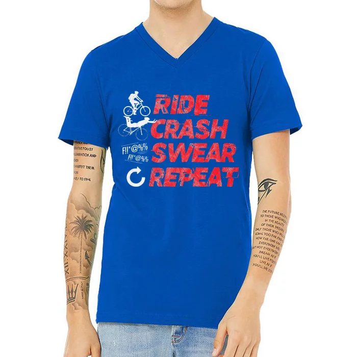 Ride Crash Swear Repeat Funny MTB Mountain Bike Cycling V-Neck T-Shirt