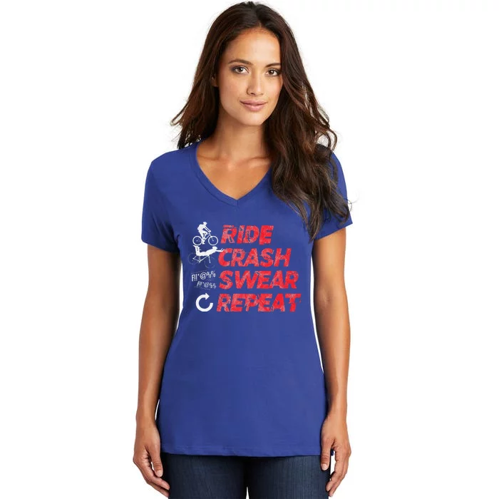 Ride Crash Swear Repeat Funny MTB Mountain Bike Cycling Women's V-Neck T-Shirt