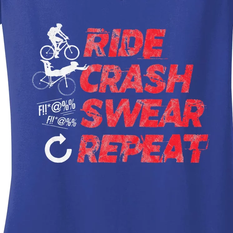 Ride Crash Swear Repeat Funny MTB Mountain Bike Cycling Women's V-Neck T-Shirt