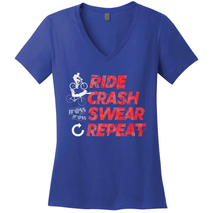 Ride Crash Swear Repeat Funny MTB Mountain Bike Cycling Women's V-Neck T-Shirt