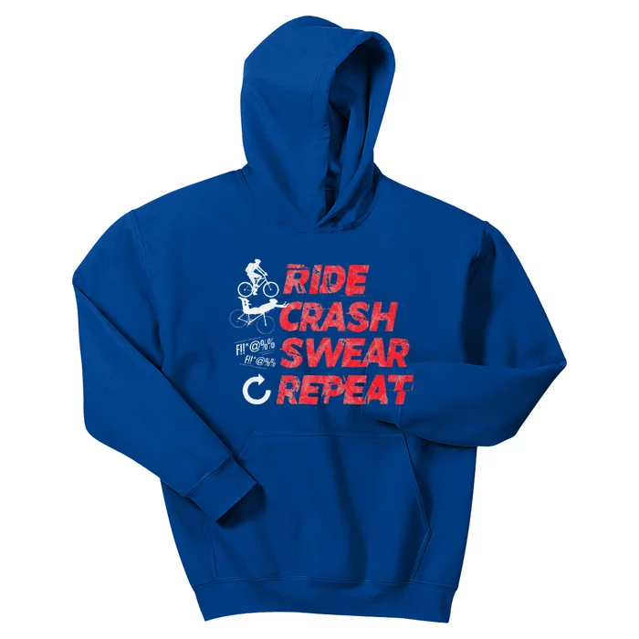 Ride Crash Swear Repeat Funny MTB Mountain Bike Cycling Kids Hoodie