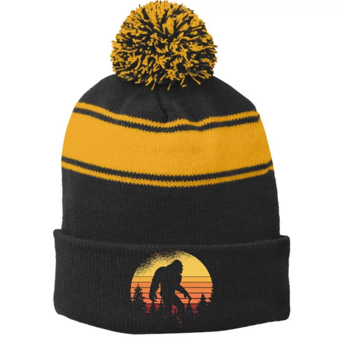 Retro Bigfoot Believer Silhouette Sasquatch Hide And Seek Stripe Pom Pom Beanie