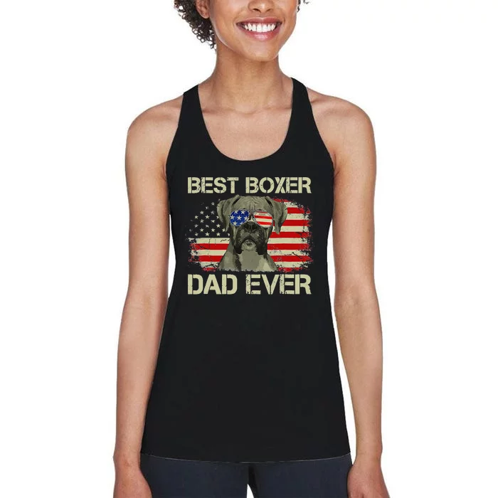 Retro Best Boxer Dad Ever US Flag Dog Lover Fathers Day Women's Racerback Tank