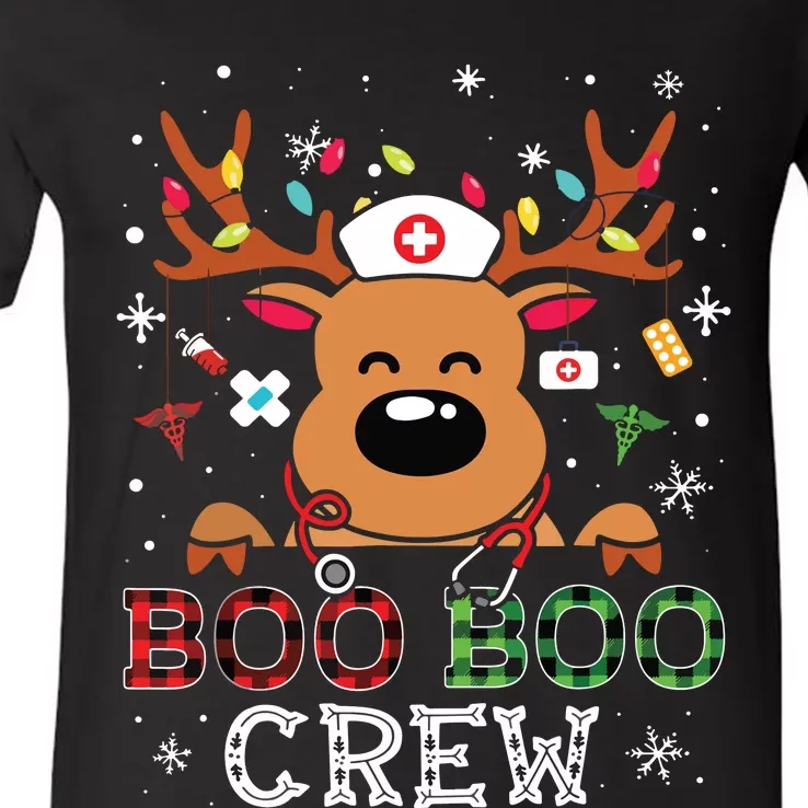 Reindeer Boo Boo Crew Nurse Buffalo Plaid Christmas Nurse V-Neck T-Shirt