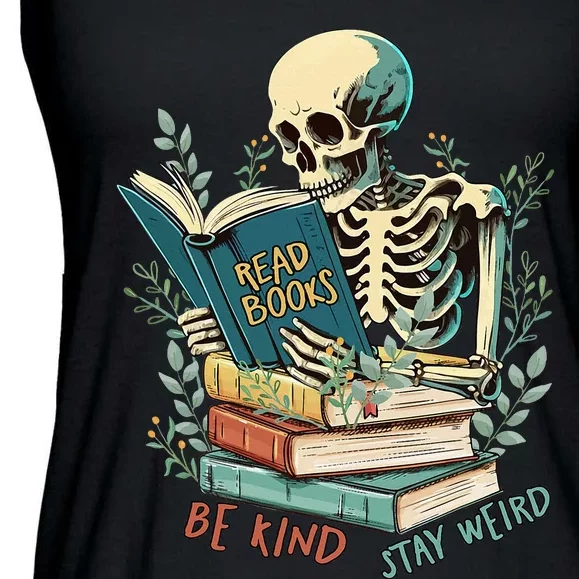 Read Books Be Kind Stay Weird Funny Skeleton Book Lover Ladies Essential Flowy Tank