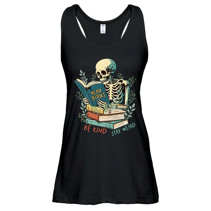 Read Books Be Kind Stay Weird Funny Skeleton Book Lover Ladies Essential Flowy Tank