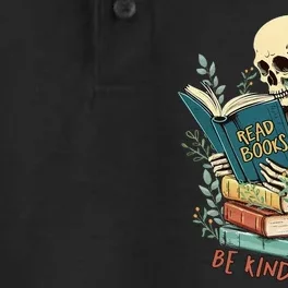 Read Books Be Kind Stay Weird Funny Skeleton Book Lover Dry Zone Grid Performance Polo