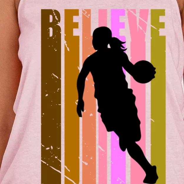 Retro Believe Basketball Player Team Coach Coaching Gift Women's Knotted Racerback Tank