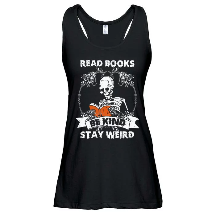 Read Books Be Kind Stay Weird Skeleton Reading Book Lover Ladies Essential Flowy Tank