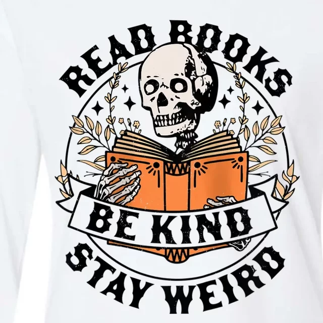 Read Books Be Kind Stay Weird Skeleton Reading Book Bookish Womens Cotton Relaxed Long Sleeve T-Shirt