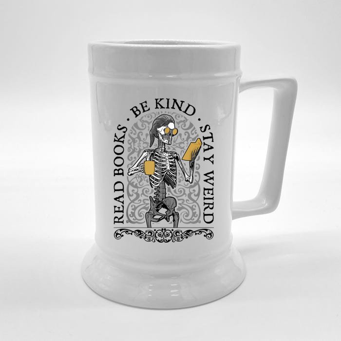 Read Books Be Kind Stay Weird Gothic Book Lover Skeleton Front & Back Beer Stein